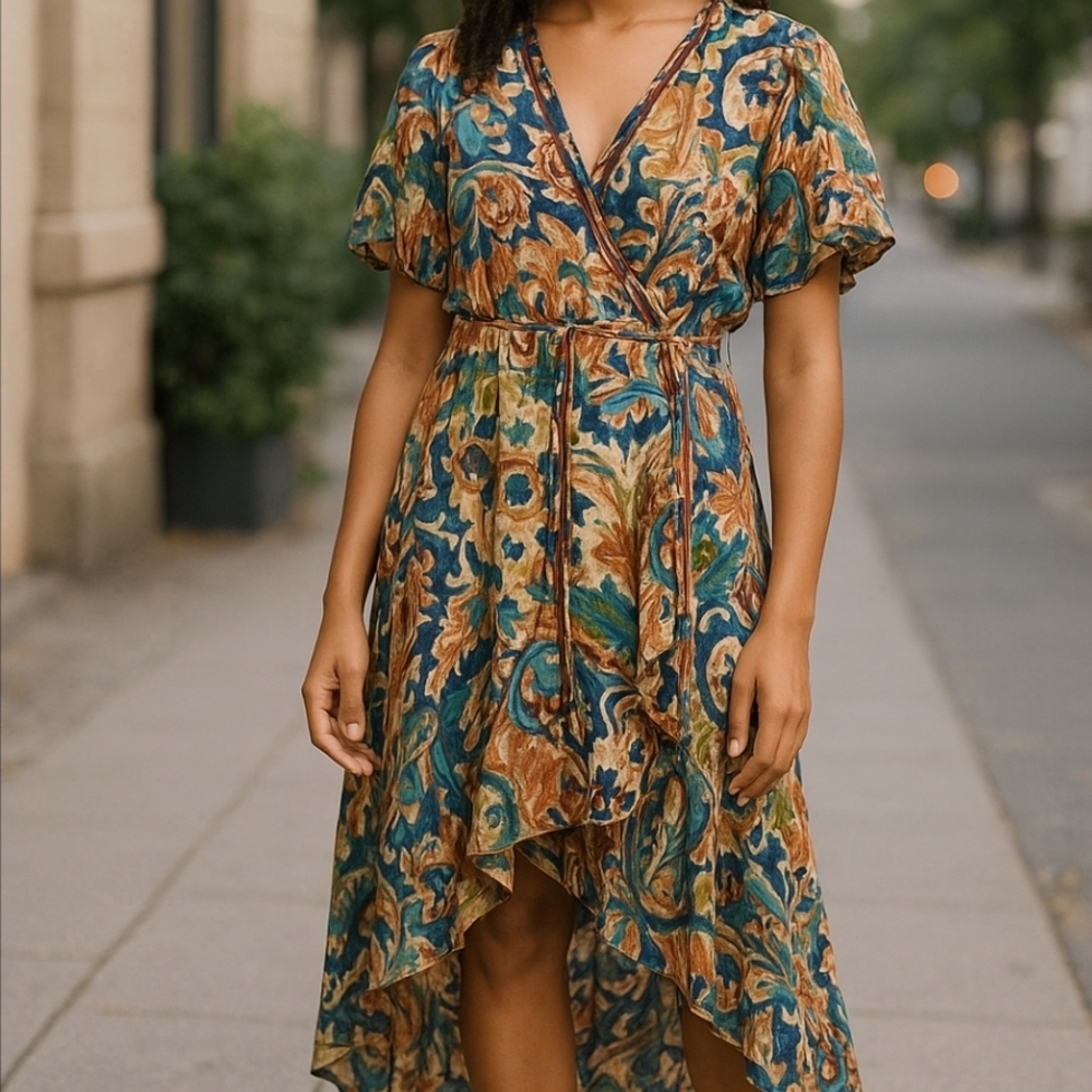 Floral Wrap Dress in Blue and Brown